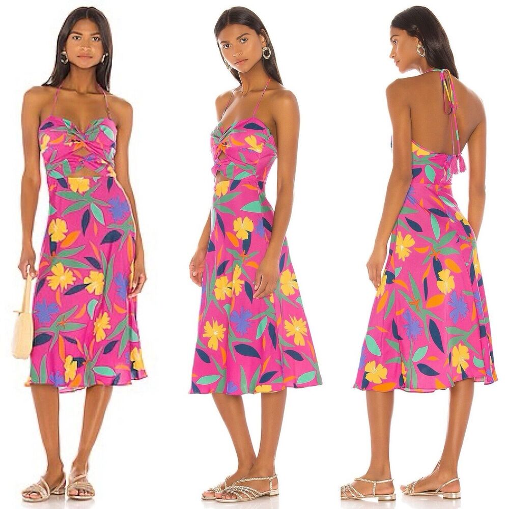 LPA Dress S Pink Multicolor Emilia Midi Cut-out Halter Neckline